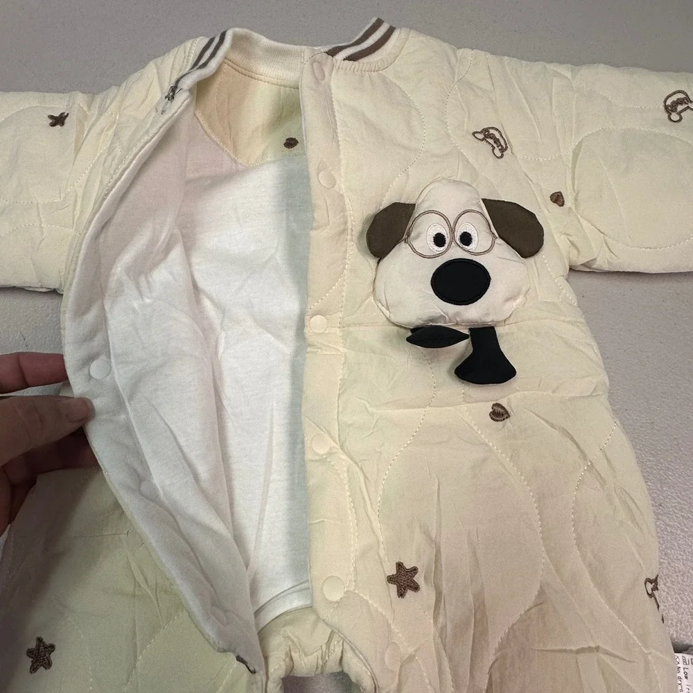 New Quilted Puppy Dog Romper‎ Cream Star Embroidered Snap Front Jumpsuit 73CM